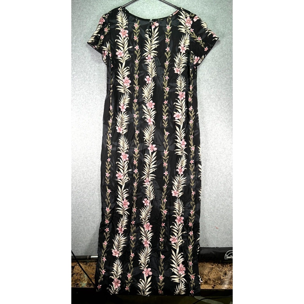 Vintage Young Hawaii Maxi Dress Womens Medium Black Floral Short Sleeve Back Zip